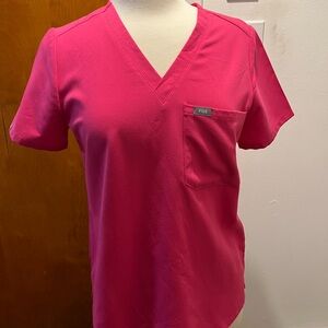 Figs Women's Short Sleeve V-Neck Top in Bright Pink